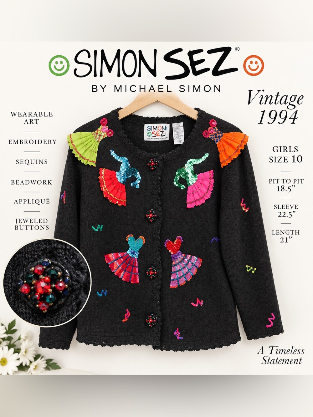 Vintage 1994 Simon Sez Michael Simon Girls Size 10 Embellished Cardigan Sweater